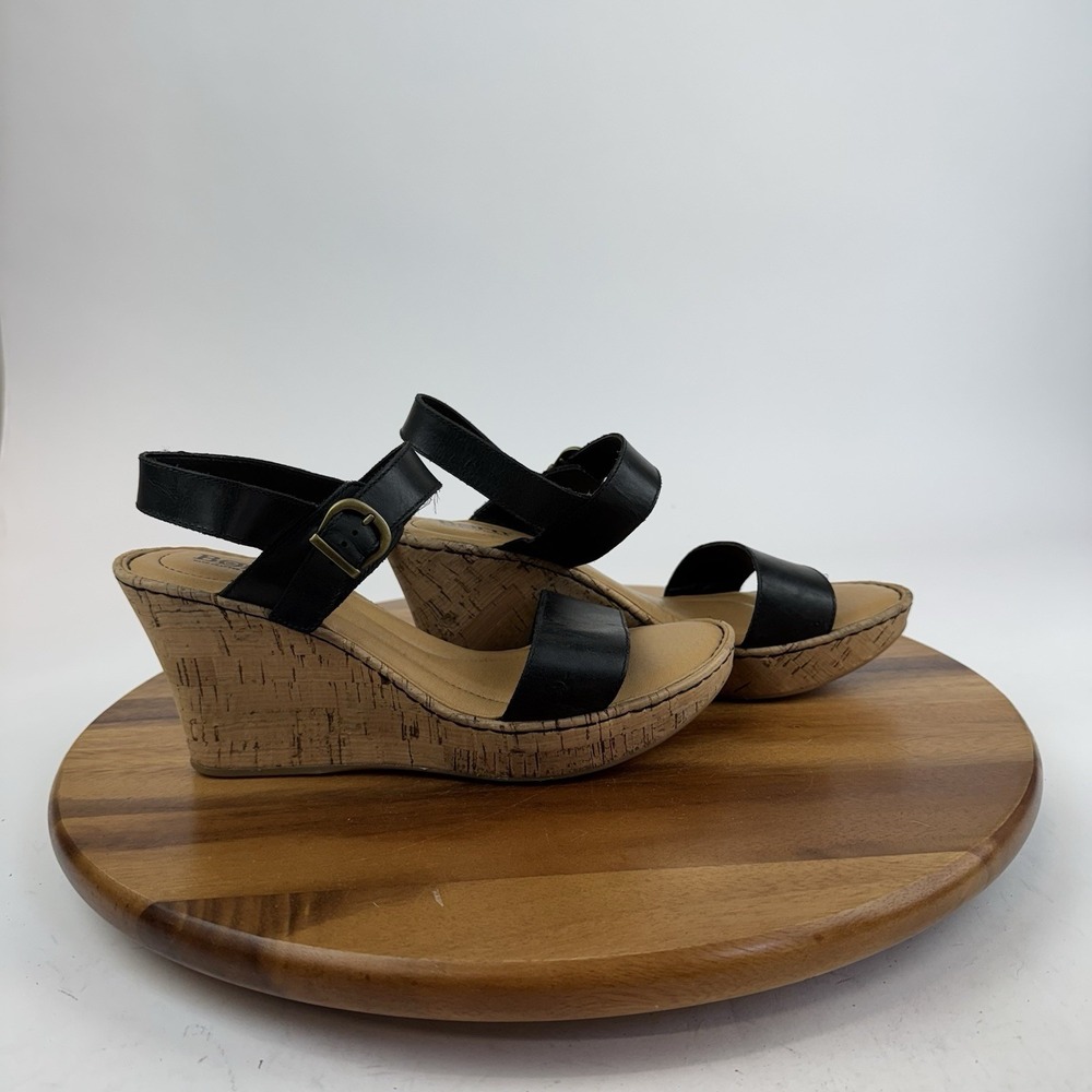 New NWOB Womens Born Lenore Black Leather Cork Strappy Wedges‎ Sandals Size 11 M